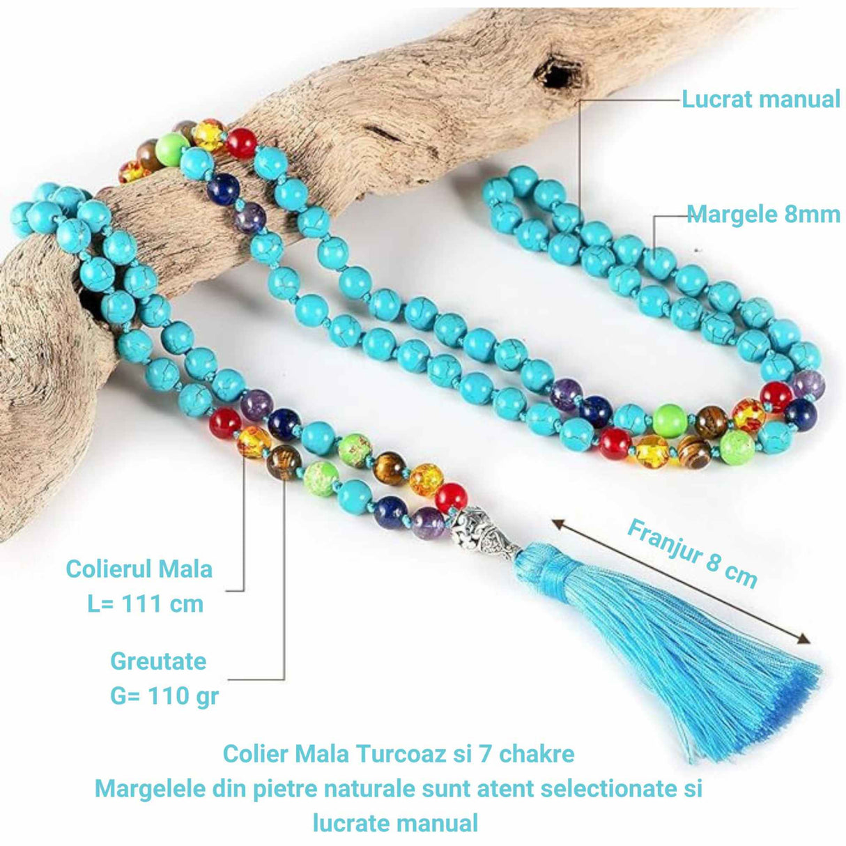 Colier Mala cu Turcoaz si 7 Chakre Colier Autentic din Jad, Piatra Sacralizata pentru Echilibru si Liniste
