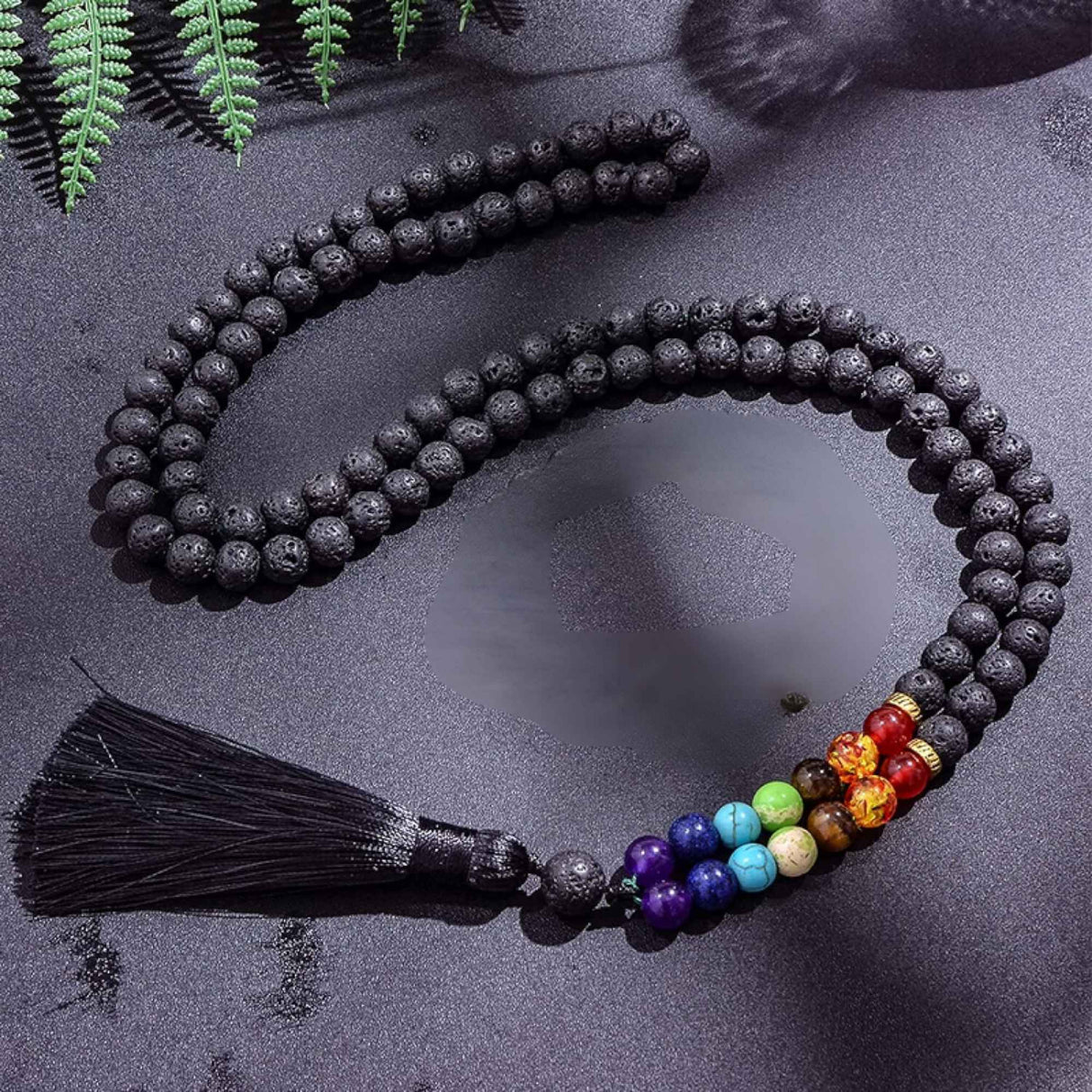Colier Mala Rozariu cu Margele 8mm din Piatra de Lava Neagra Vulcanica si 7 pietre pentru cele 7 chakre