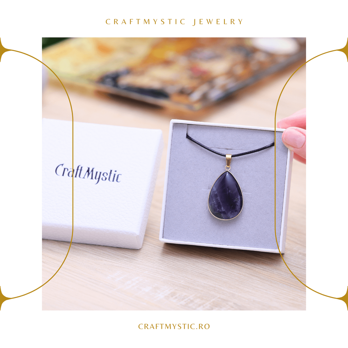 Colier Reglabil cu Pandantiv Auriu 35mm in Forma de Strop de Ploaie din Ametist