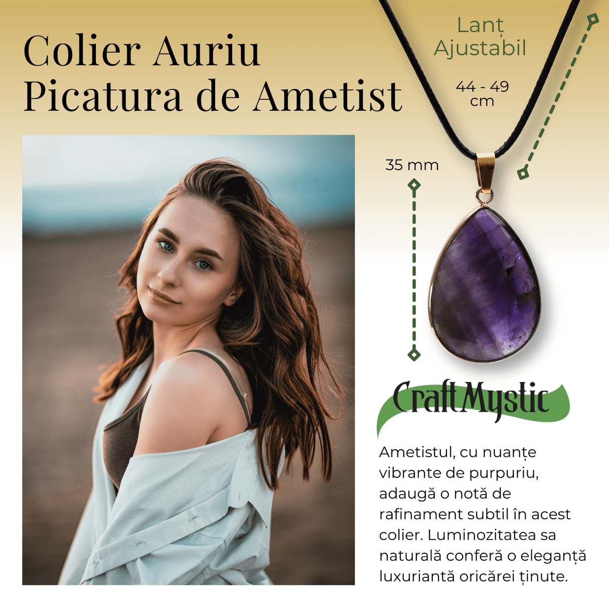 Colier Reglabil cu Pandantiv Auriu 35mm in Forma de Strop de Ploaie din Ametist