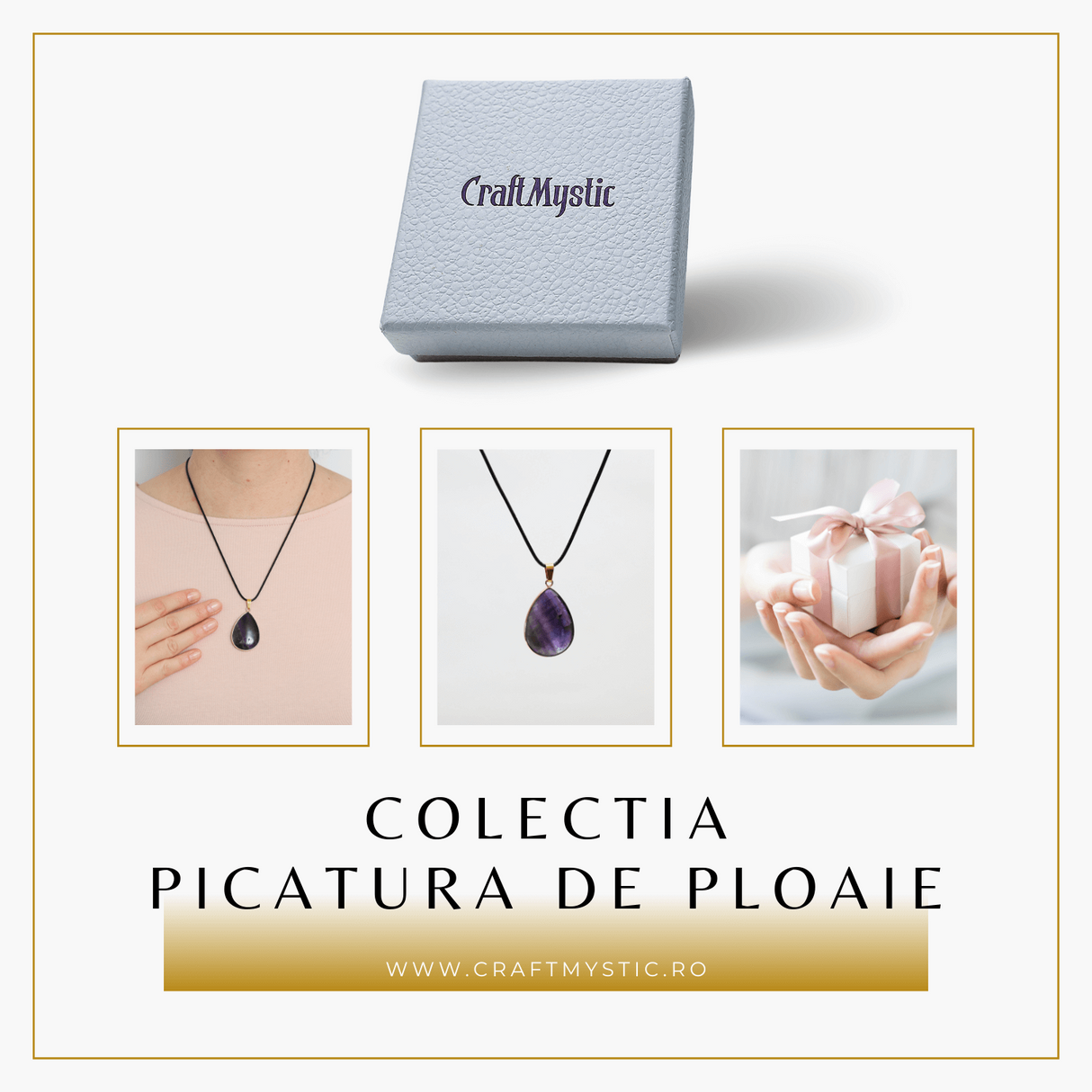 Colier Reglabil cu Pandantiv Auriu 35mm in Forma de Strop de Ploaie din Ametist