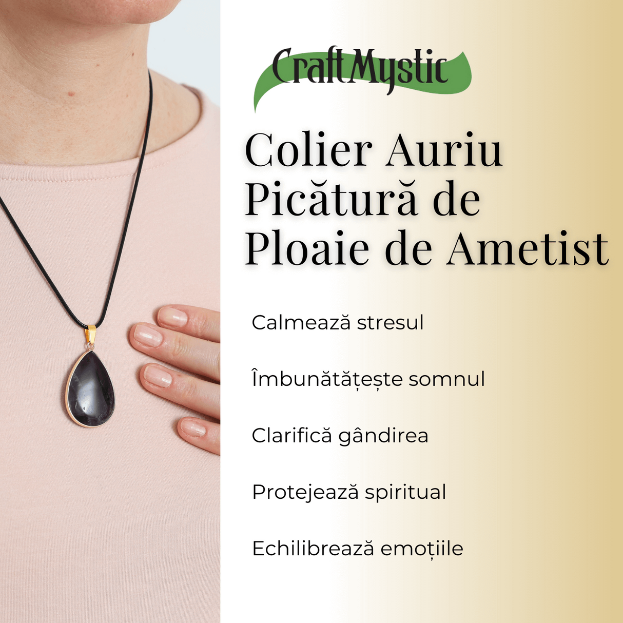 Colier Reglabil cu Pandantiv Auriu 35mm in Forma de Strop de Ploaie din Ametist