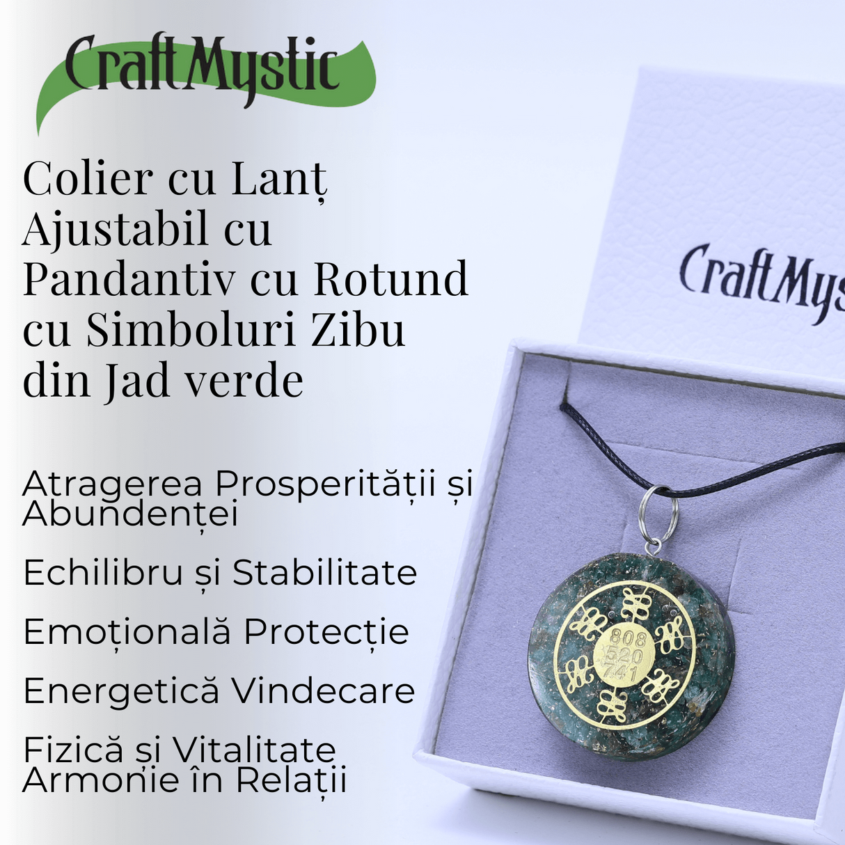 Colier ajustabil cu pandantiv rotund Zibu Jad Verde