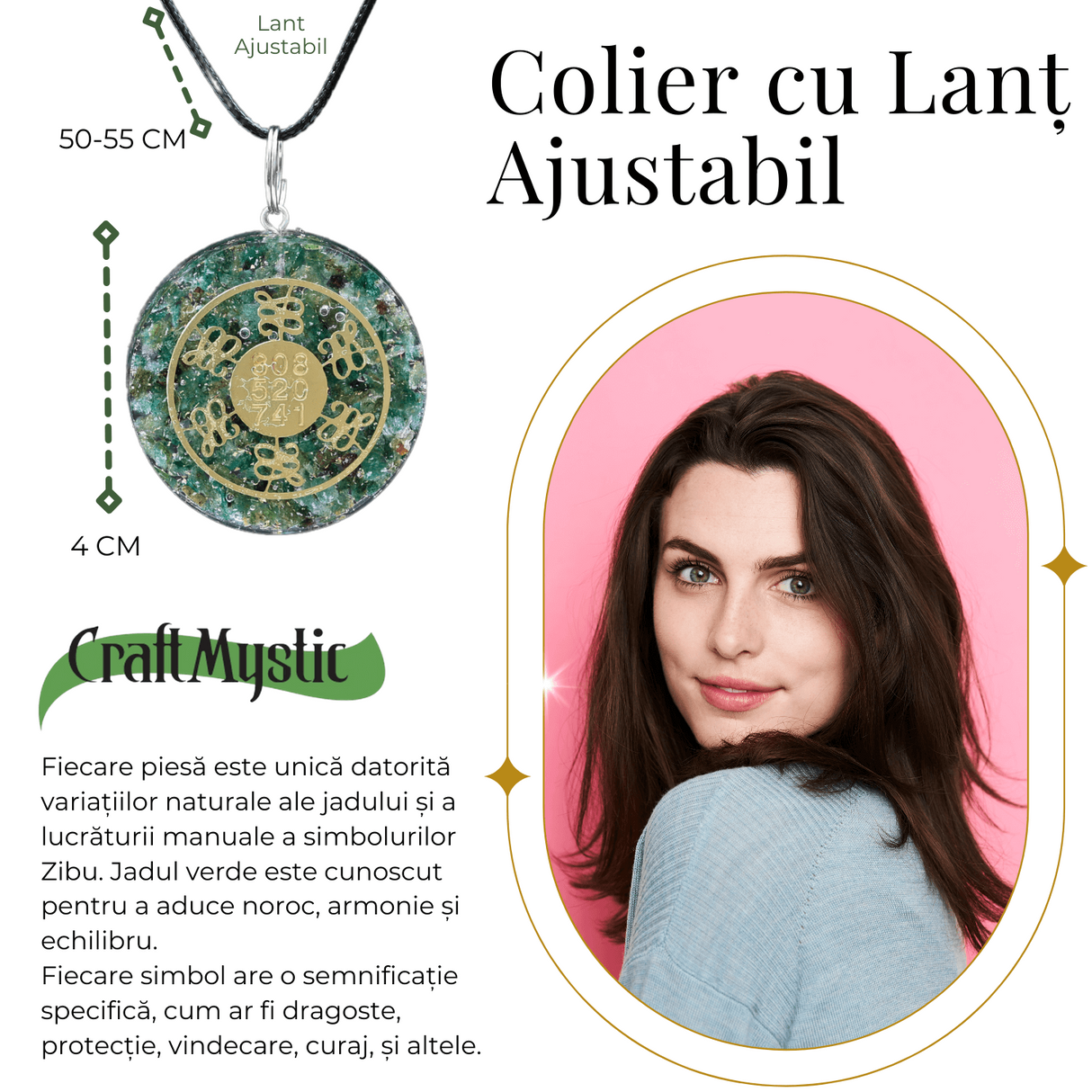 Colier ajustabil cu pandantiv rotund Zibu Jad Verde