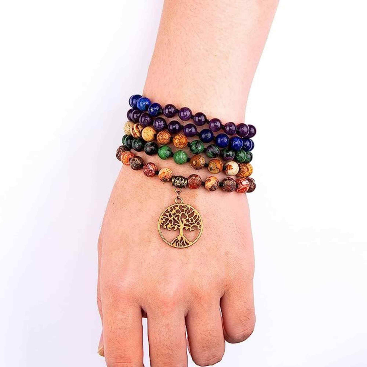 Colier Mala realizat manual cu dubla utilizare si 108 margele naturale semipretioase 7 chakre - Pentru Yoga, Meditatie