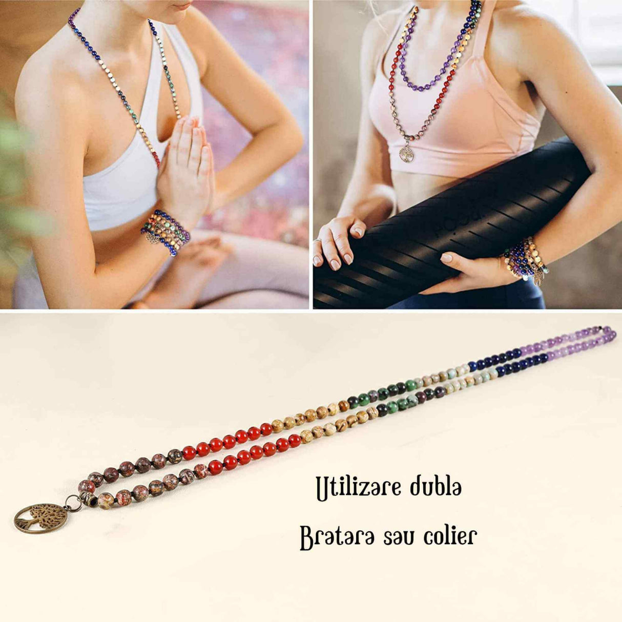 Colier Mala realizat manual cu dubla utilizare si 108 margele naturale semipretioase 7 chakre - Pentru Yoga, Meditatie