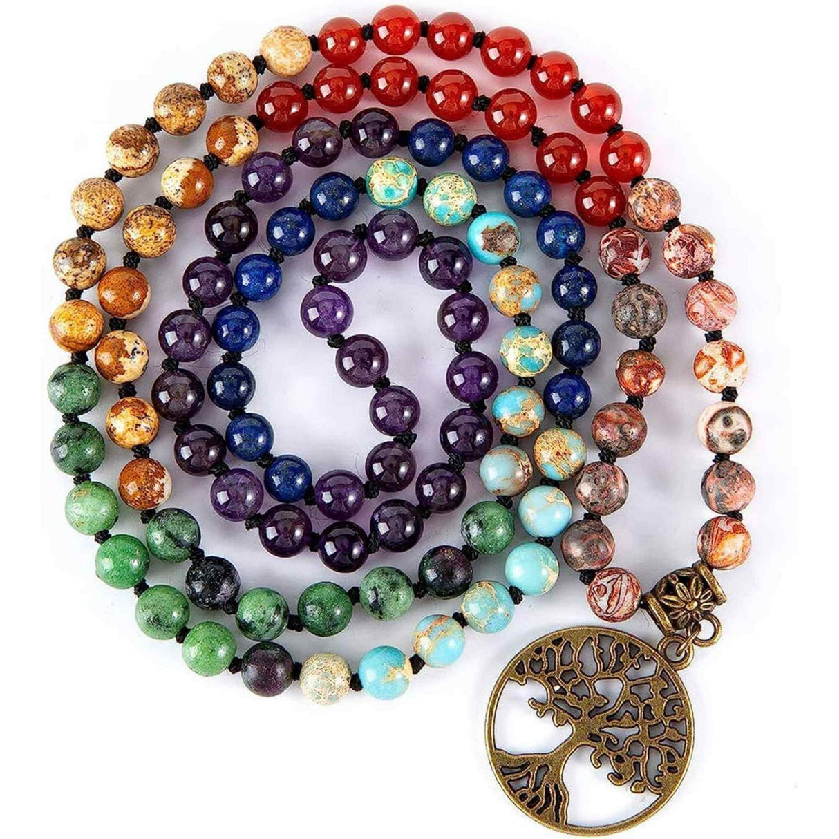 Colier realizat manual cu dubla utilizare si 108 margele naturale semipretioase 7 chakre - Pentru Yoga, Meditatie
