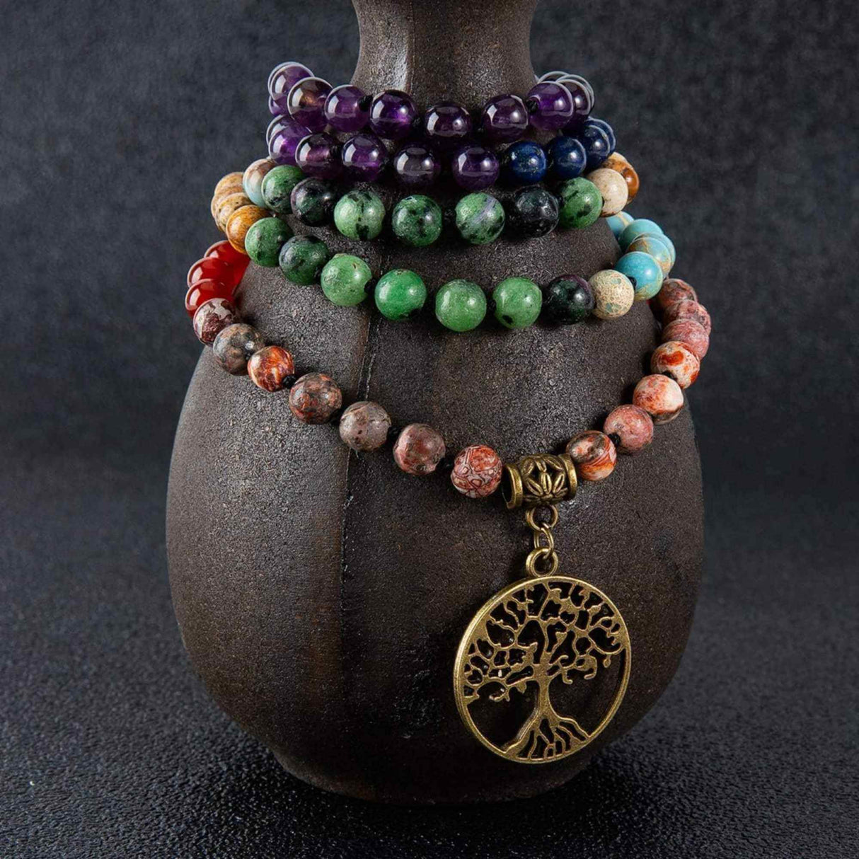 Colier Mala realizat manual cu dubla utilizare si 108 margele naturale semipretioase 7 chakre - Pentru Yoga, Meditatie