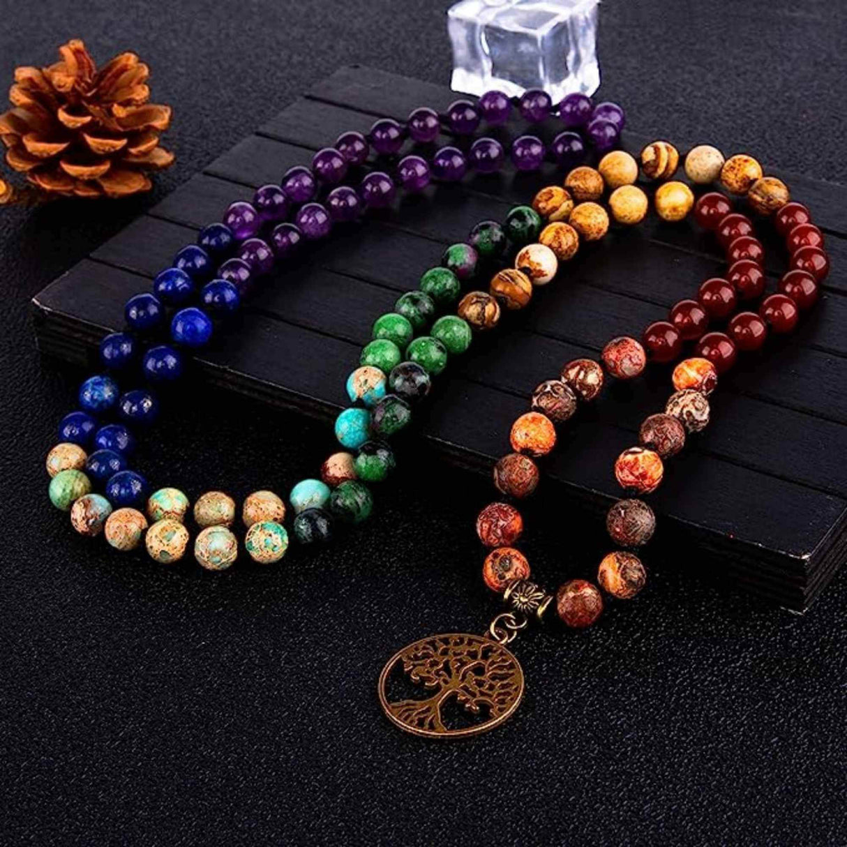 Colier Mala realizat manual cu dubla utilizare si 108 margele naturale semipretioase 7 chakre - Pentru Yoga, Meditatie