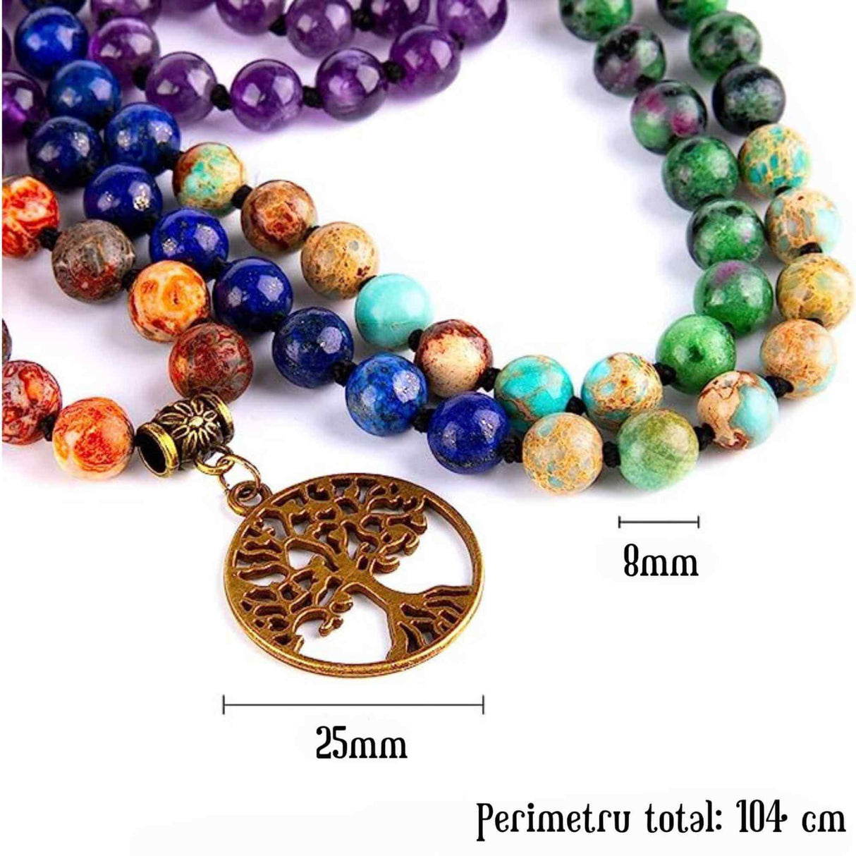 Colier Mala realizat manual cu dubla utilizare si 108 margele naturale semipretioase 7 chakre - Pentru Yoga, Meditatie