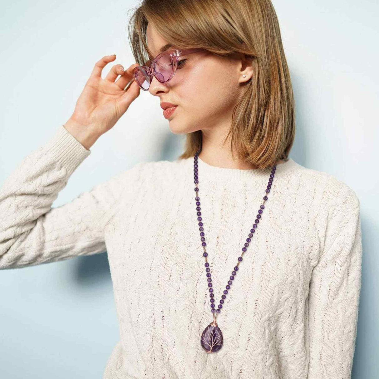 Colier Mala cu pandativ din Ametist natural invelit cu sarma model Arborele vietii si margele 8mm - Cadou pentru mame, iubita