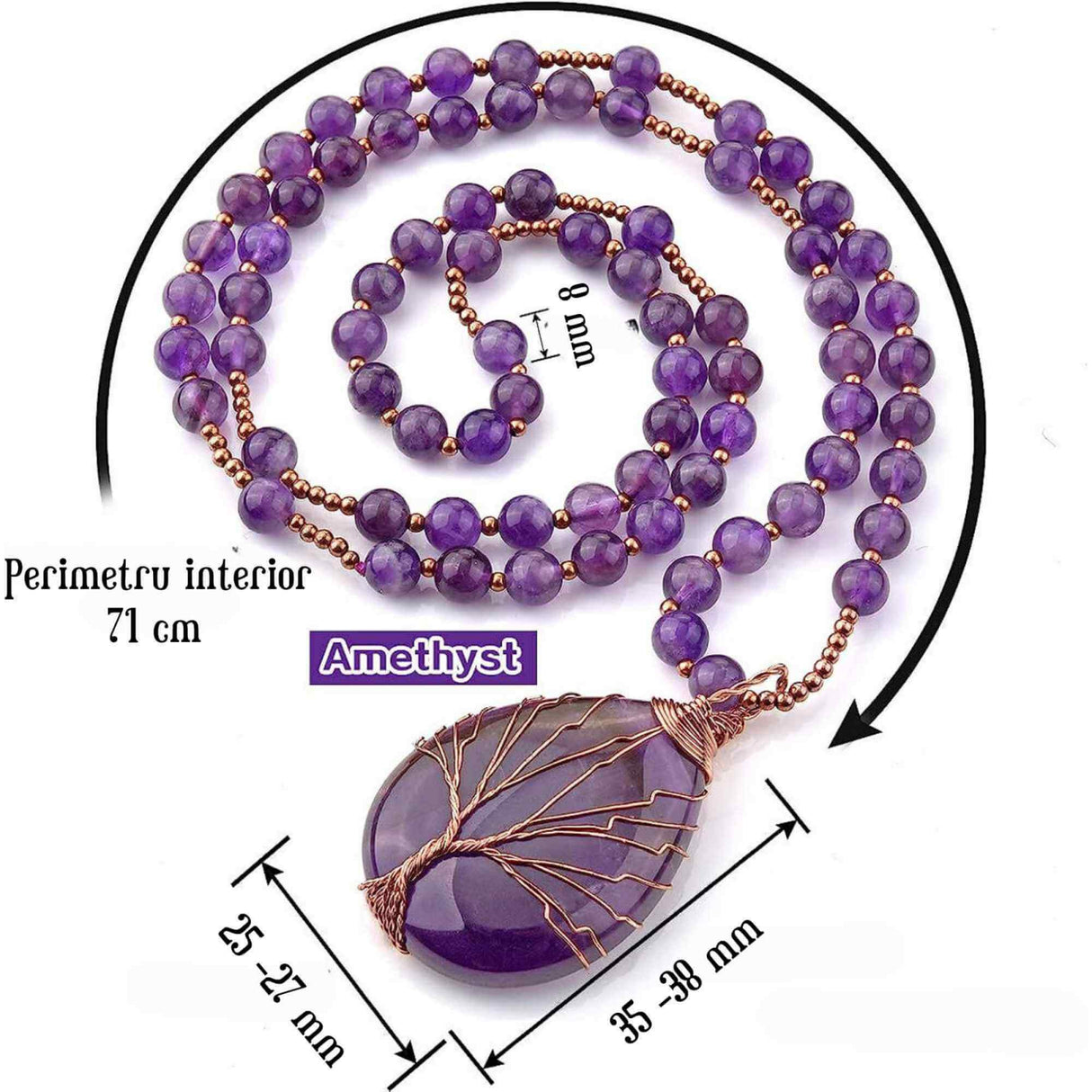 Colier Mala cu pandativ din Ametist natural invelit cu sarma model Arborele vietii si margele 8mm - Cadou pentru mame, iubita