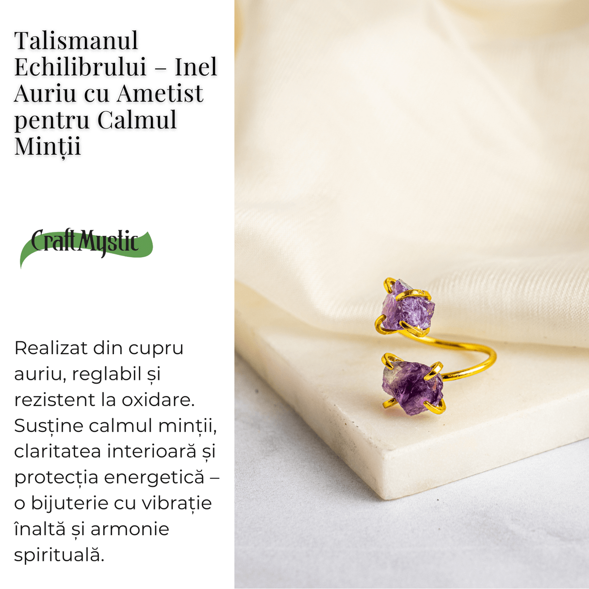 Talismanul Echilibrului – Inel Auriu cu Ametist pentru Calmul Mintii