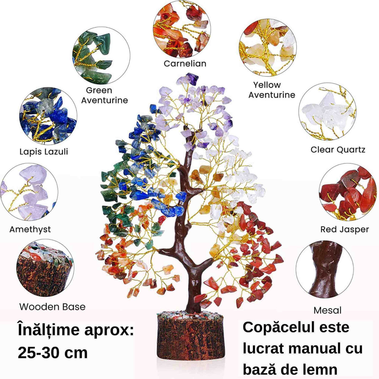 Copac arborele vietii premium - Arbore din cristale pentru energie pozitiva, realizat manual cu sapte pietre chakre, cristale si pietre vindecatoare