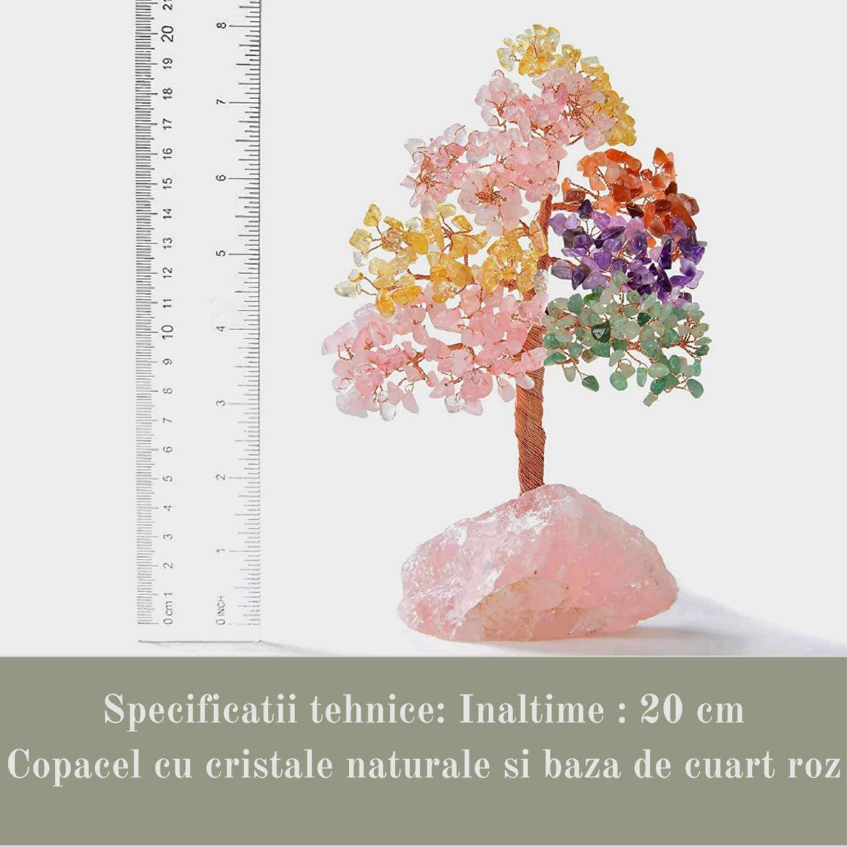 Arborele vietii premium din cristale naturale Chakra cu baza de cuart roz cu proprietati vindecatoare - Bonsai Feng Shui pentru vindecare si noroc 20 cm si 432 mini pietre naturale si baza din cristal