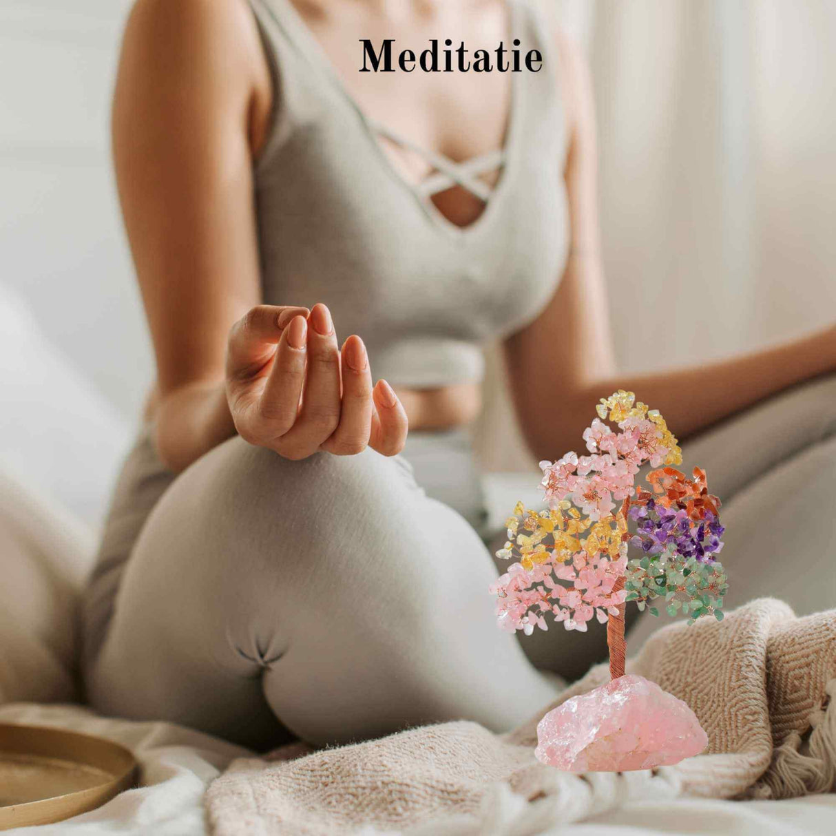 Arborele vietii premium din cristale naturale Chakra cu baza de cuart roz cu proprietati vindecatoare - Bonsai Feng Shui pentru vindecare si noroc 20 cm si 432 mini pietre naturale si baza din cristal