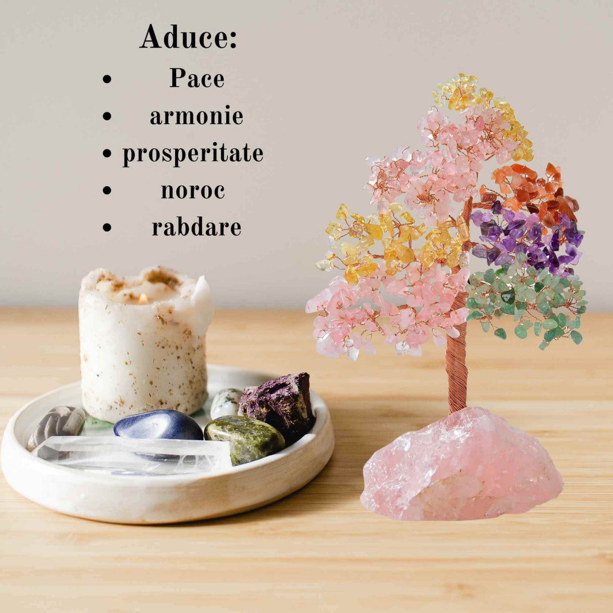 Arborele vietii premium din cristale naturale Chakra cu baza de cuart roz cu proprietati vindecatoare - Bonsai Feng Shui pentru vindecare si noroc 20 cm si 432 mini pietre naturale si baza din cristal