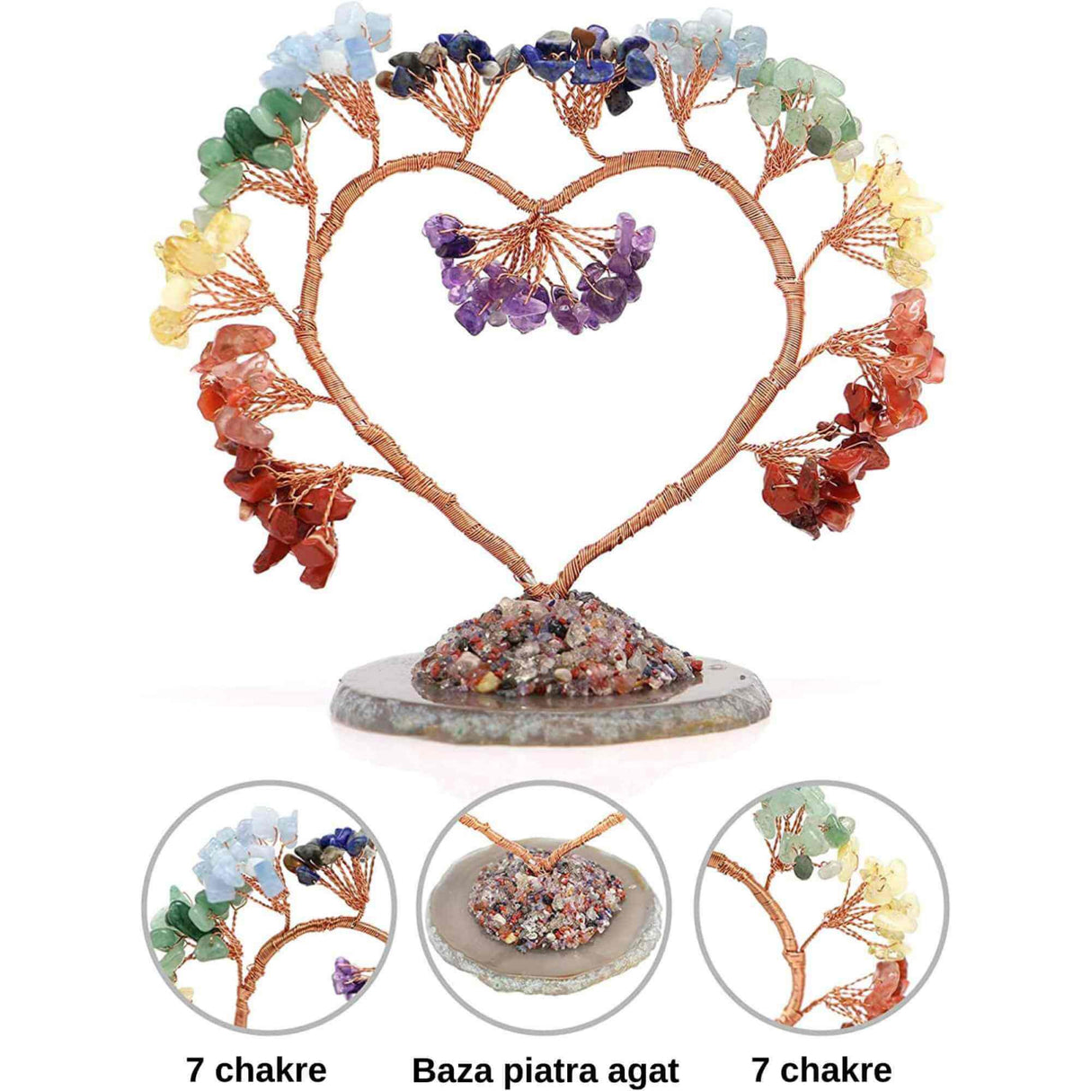 Copac pietre semipretioase 7 chakra in forma de inima – Decor cristal feng shui, accesorii premium pentru birou