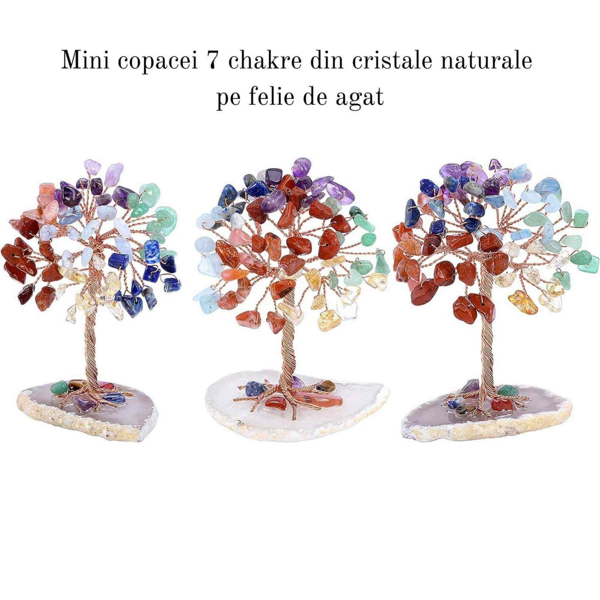 Mini Copacel pietre semipretioase 7 chakra pe felie de agat – decor cristal feng shui, accesorii pentru birou, cristale pentru meditatie
