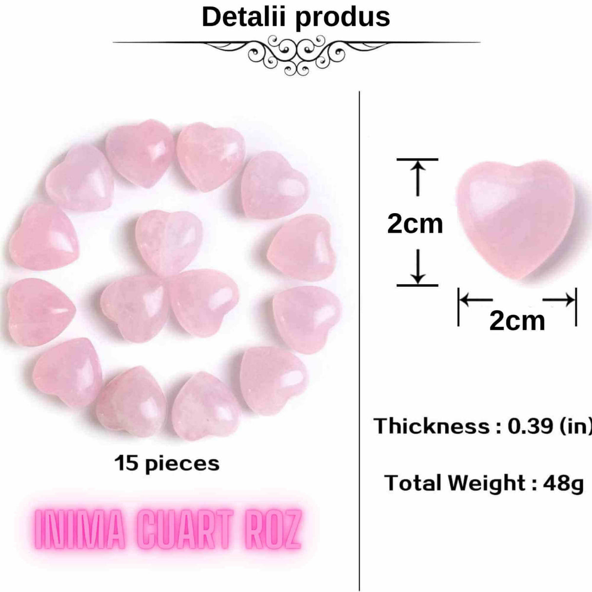 Cristal de cuart trandafir natural in forma de inima - Set de 5 pietre de vindecare, meditatie, echilibrare, decoratiuni pentru casa