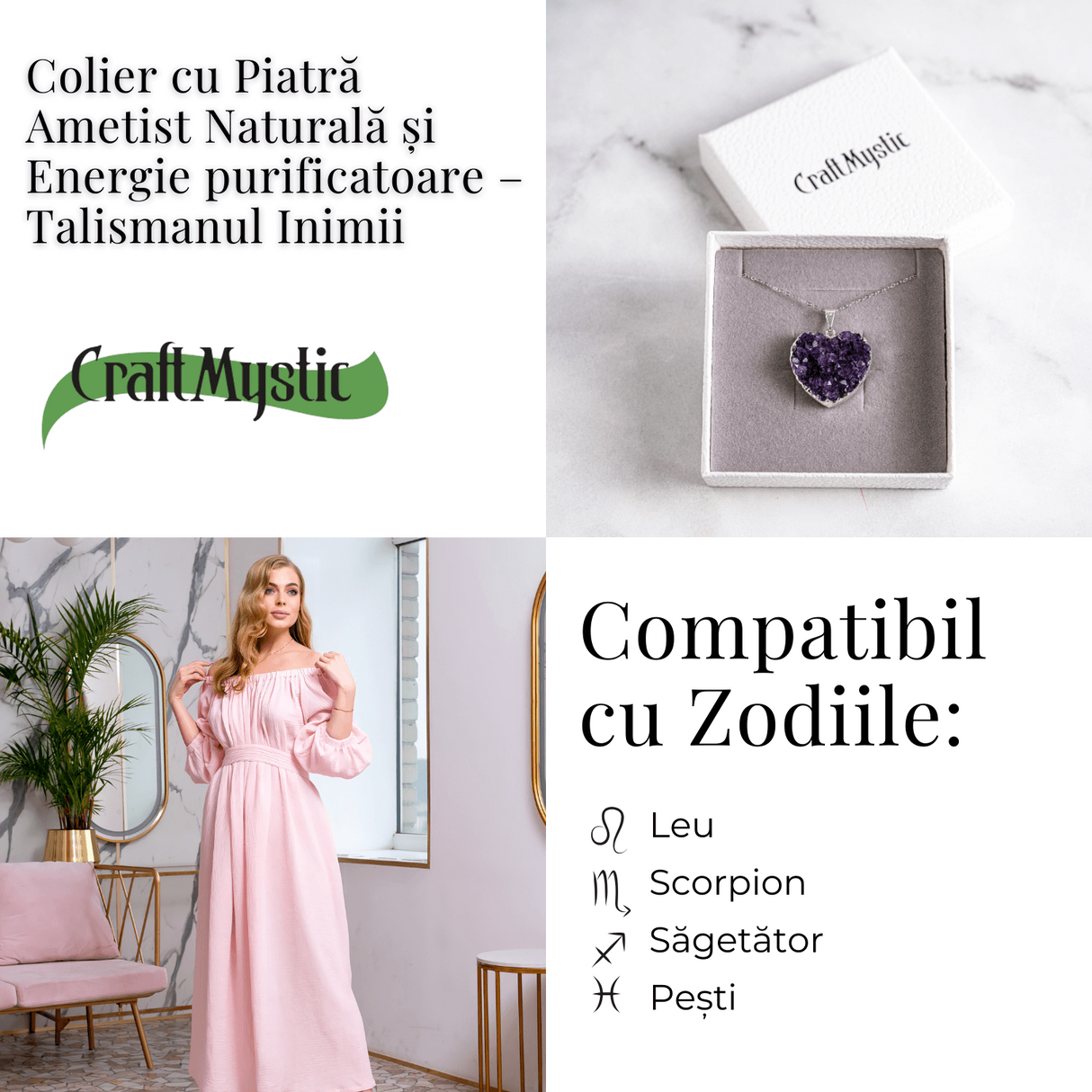 Talismanul inimii – Colier cu piatra ametist naturala Brazilia si lant argint 925 - Energie purificatoare