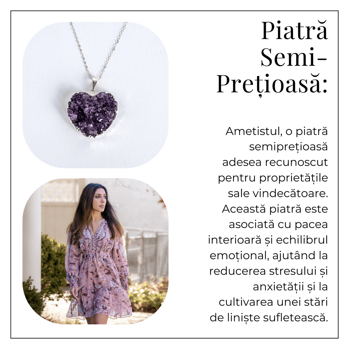 Talismanul inimii – Colier cu piatra ametist naturala Brazilia si lant argint 925 - Energie purificatoare