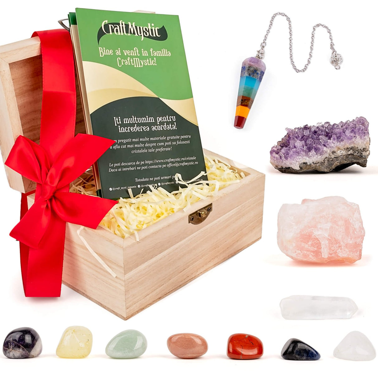 Set Premium cristale si pietre naturale vindecatoare in cutie de lemn - 11 piese pentru meditatie, spiritualitate, echilibrarea chakrelor – Cluster de ametist, pendul chakra, cuart roz, cristal de sta
