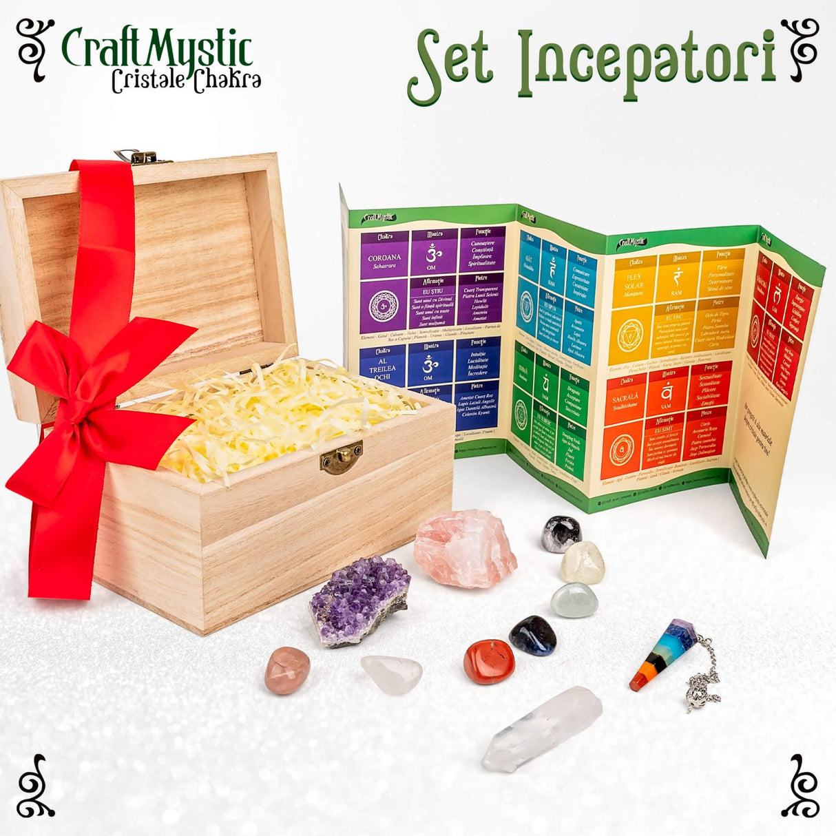 Set Premium cristale si pietre naturale vindecatoare in cutie de lemn - 11 piese pentru meditatie, spiritualitate, echilibrarea chakrelor – Cluster de ametist, pendul chakra, cuart roz, cristal de sta