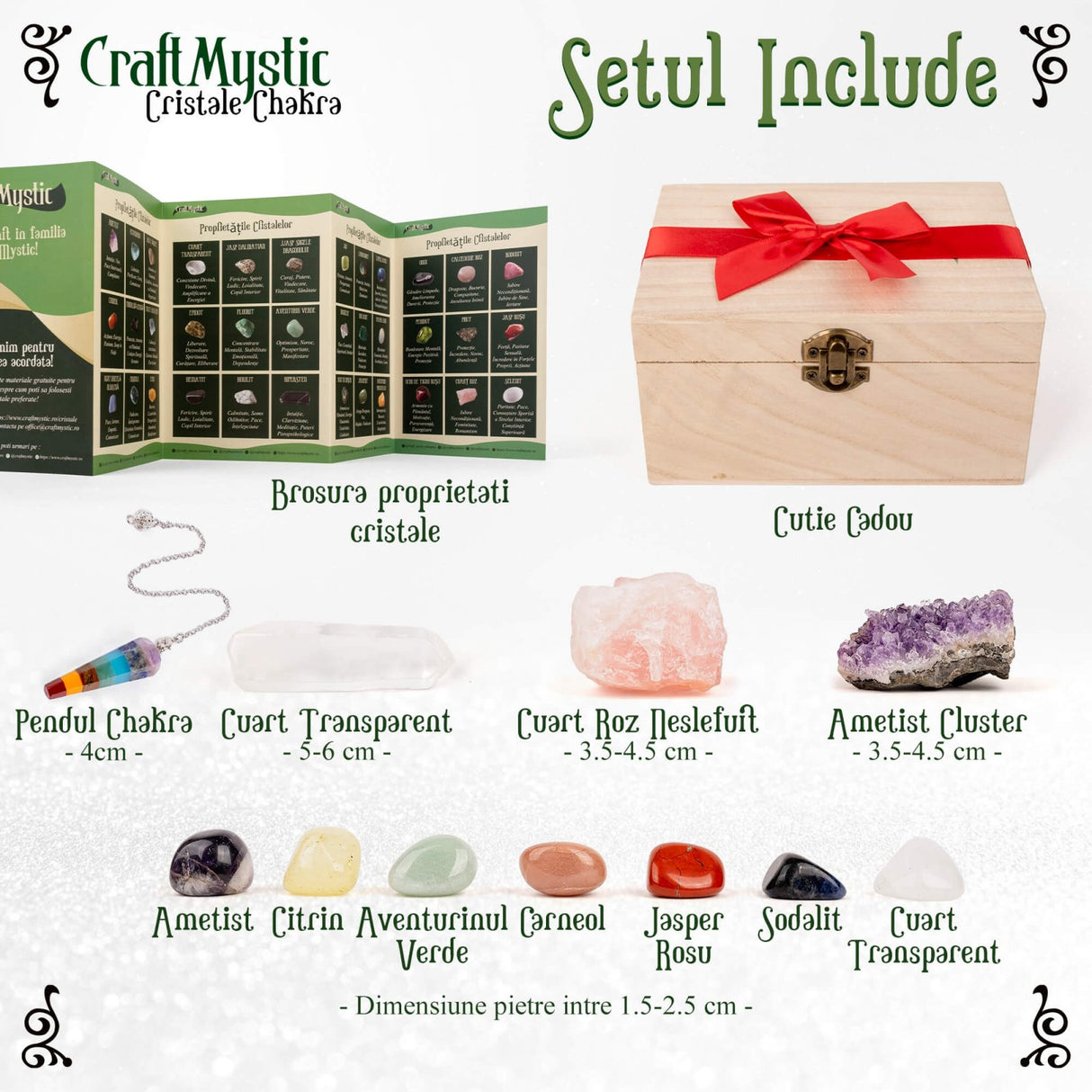 Set Premium cristale si pietre naturale vindecatoare in cutie de lemn - 11 piese pentru meditatie, spiritualitate, echilibrarea chakrelor – Cluster de ametist, pendul chakra, cuart roz, cristal de sta
