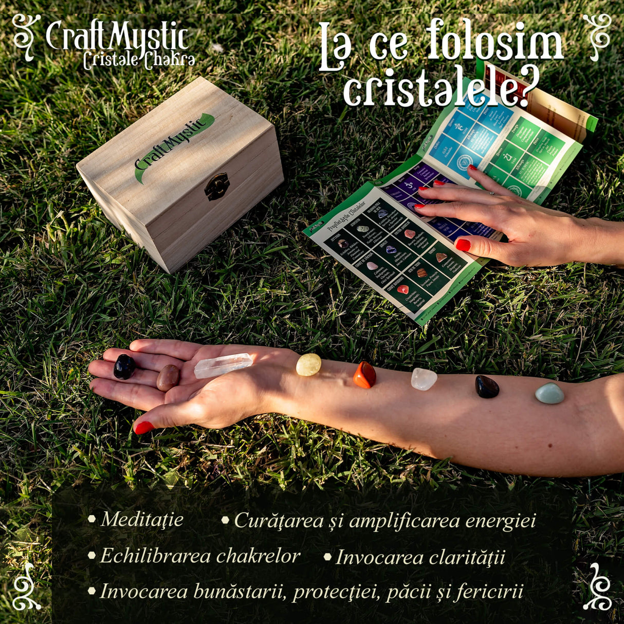 Set Premium cristale si pietre naturale vindecatoare in cutie de lemn - 11 piese pentru meditatie, spiritualitate, echilibrarea chakrelor – Cluster de ametist, pendul chakra, cuart roz, cristal de sta