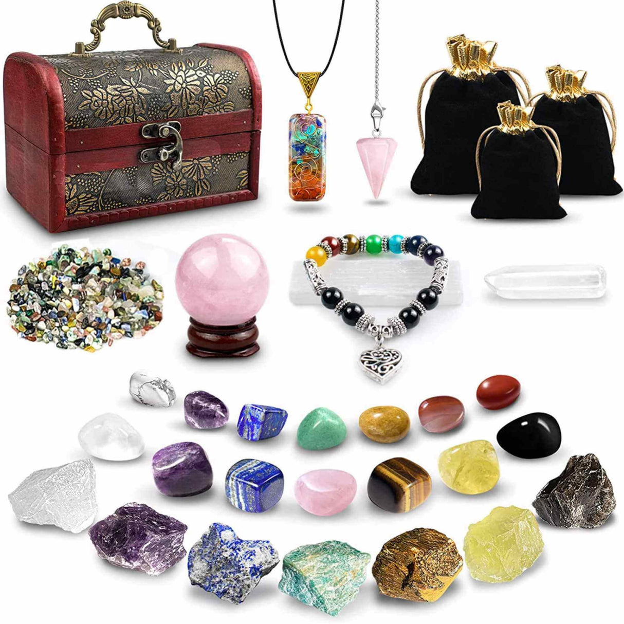 Set 28 piese cu cristale vindecatoare naturale - Contine 14 cristale naturale polisate si 7 pietre brute, sfera, pendul, selenit, bratara, colier, cristal stanca, pietre sparte