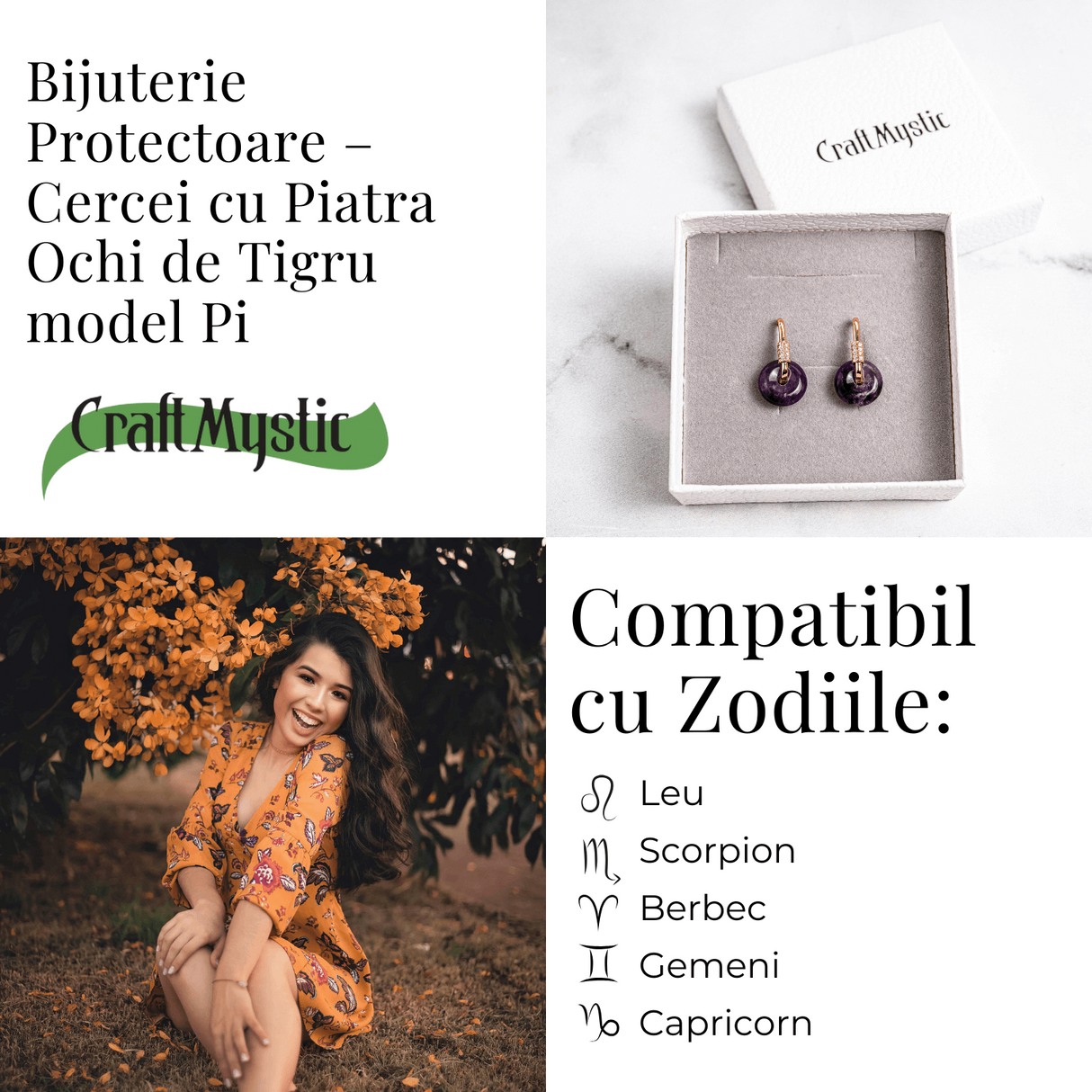 Bijuterie Protectoare – Cercei cu Piatra Ochi de Tigru model Pi