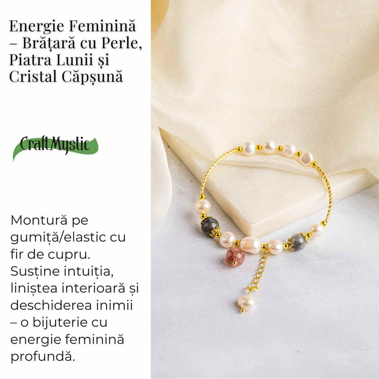 Energie Feminina– Bratara cu Perle, Piatra lunii si Cristal Capsuna