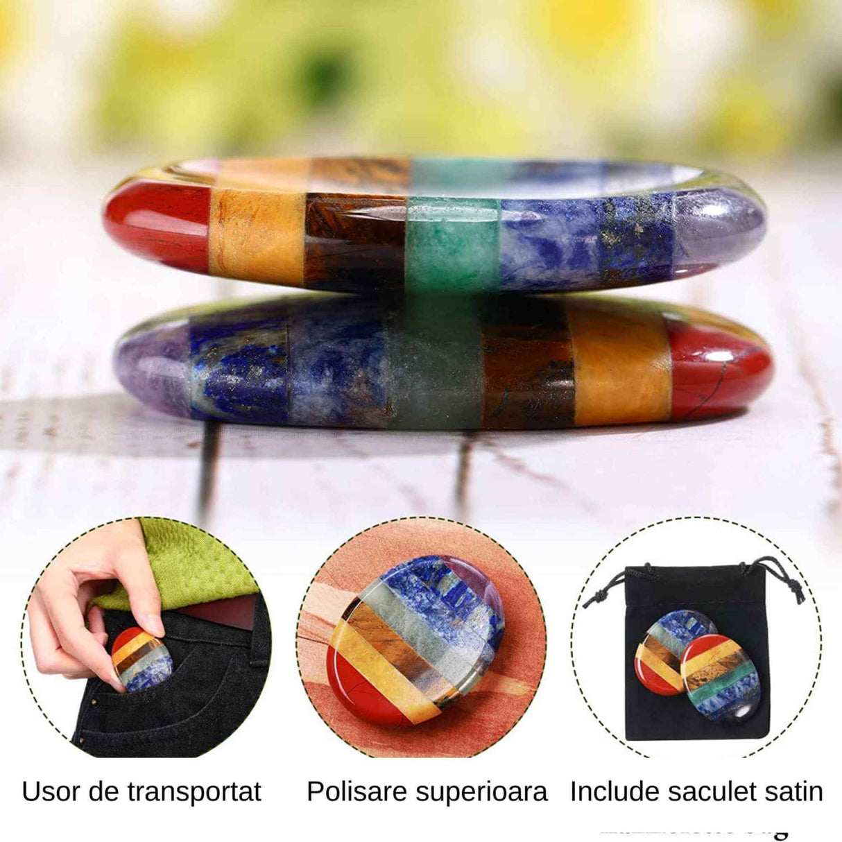 Forma ovala din pietre semipretioase 7 chakre pentru degetul mare