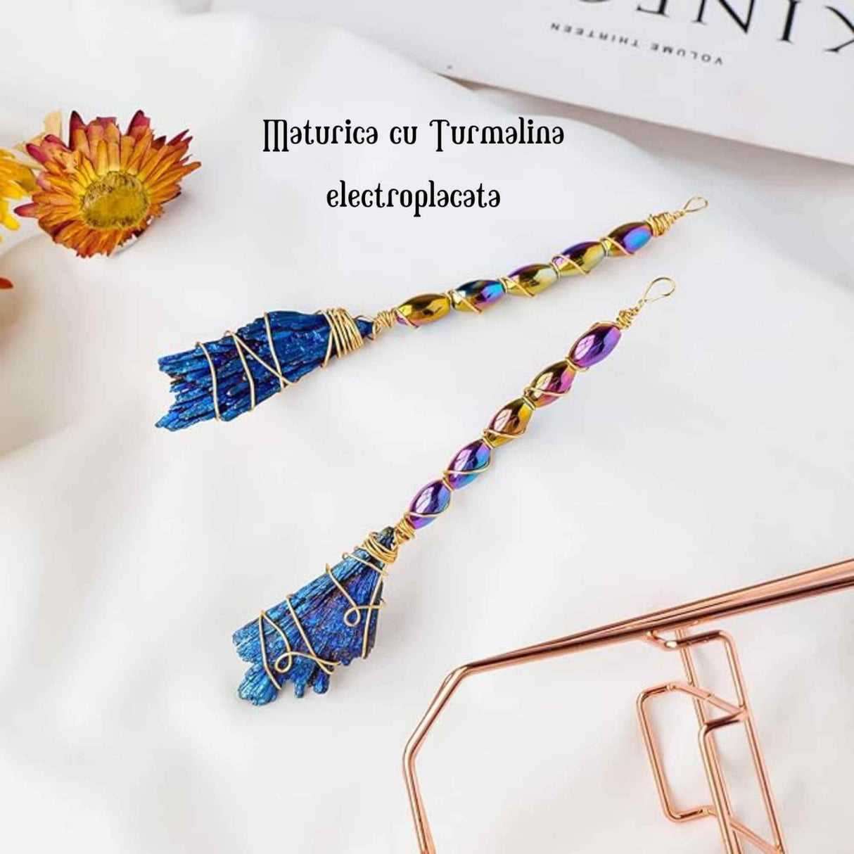 Matura Decorativa 12-14 cm din Turmalina neagra electroplacata curcubeu Perfecta pentru Meditatie si Arta