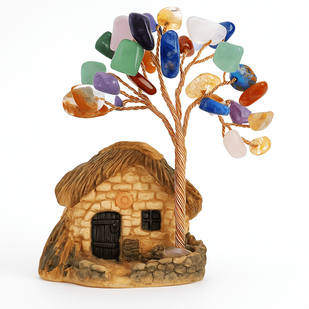 Figurina casuta cu ramuri din cristale naturale 7 chakra - Decoratiune interior sau exterior, pentru casa, birou, acvariu