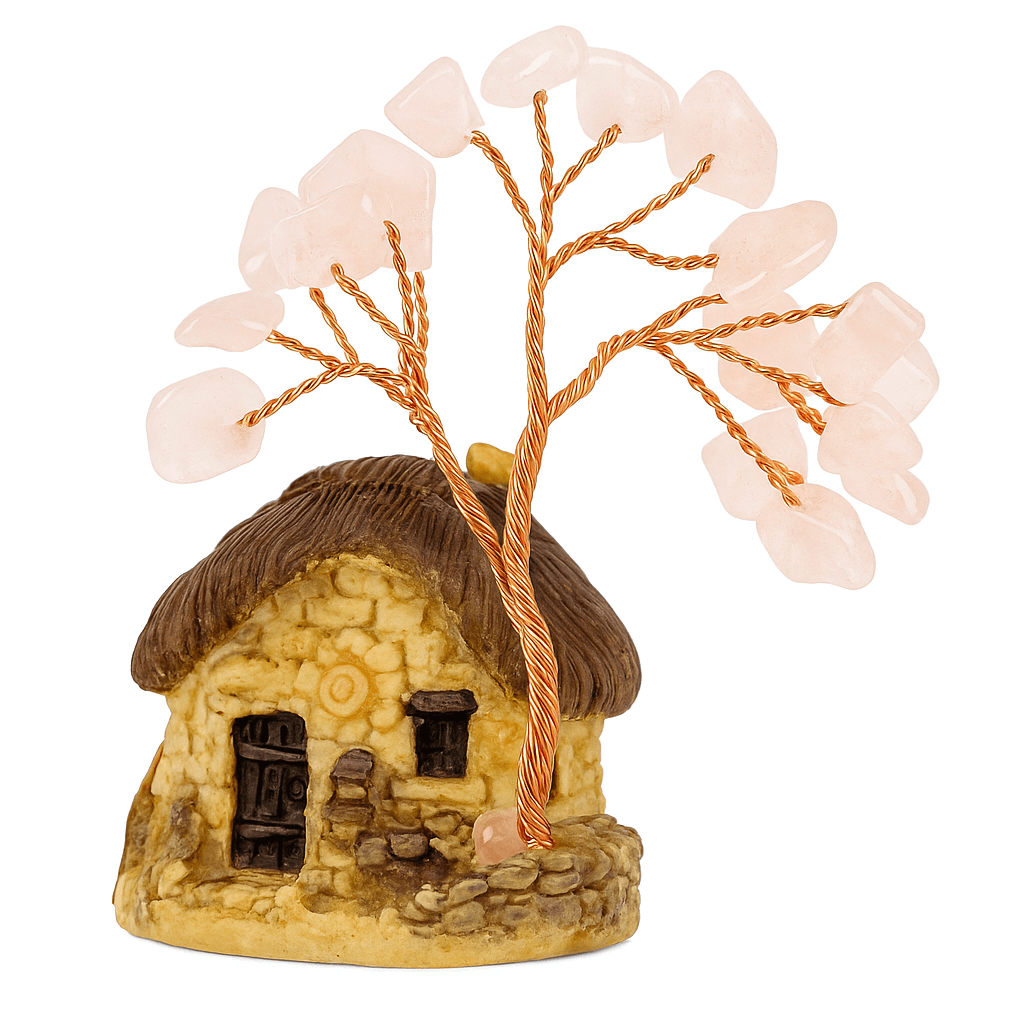 Figurina casuta cu ramuri din cristale naturale Cuart Roz - Decoratiune interior sau exterior, pentru casa, birou, acvariu
