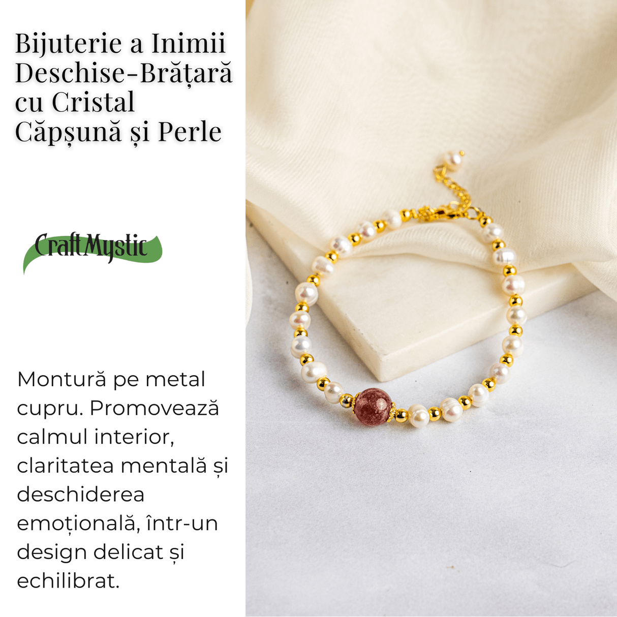 Bijuterie a Inimii Deschise – Bratara cu Cristal Capsuna si Perle
