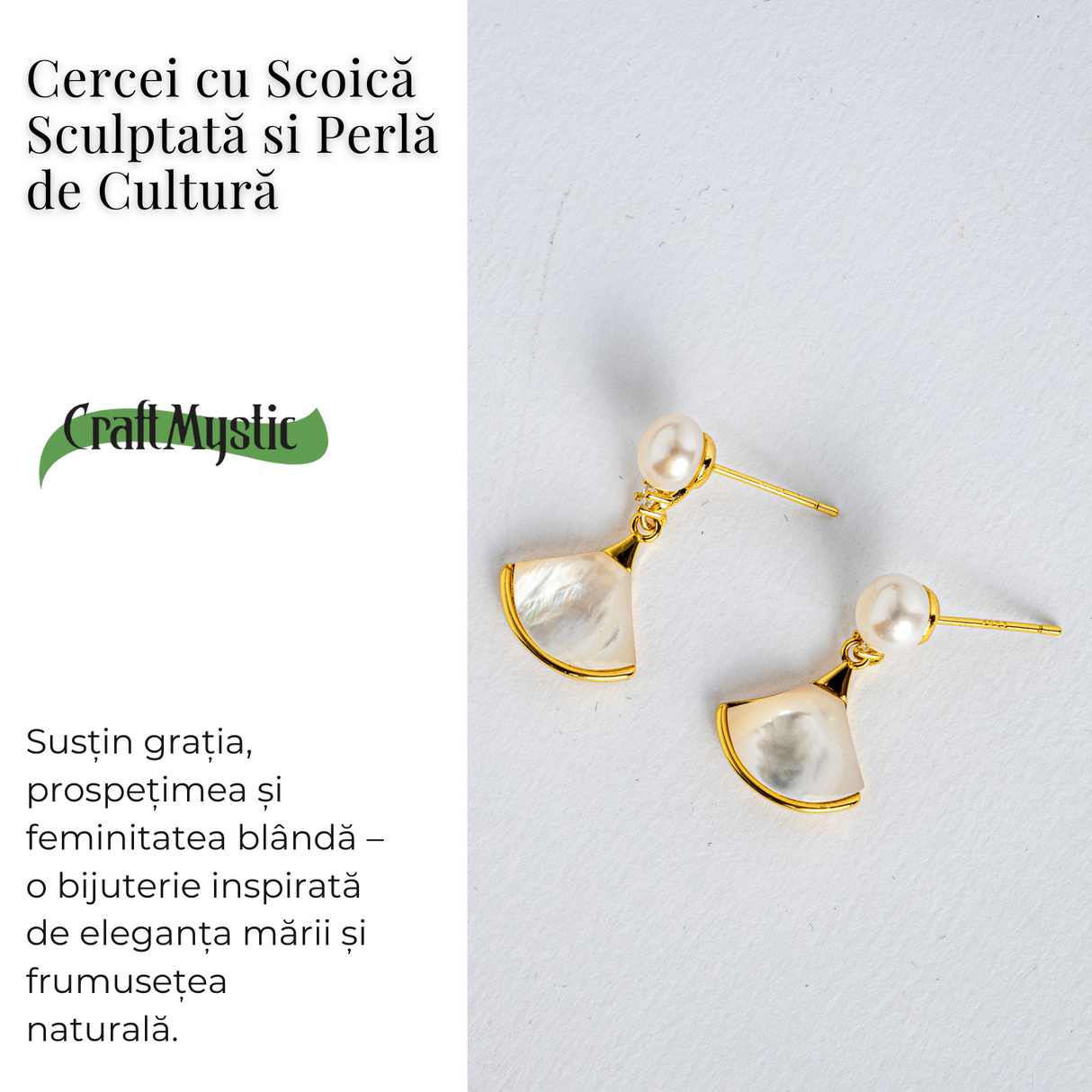 Gratie si prospetime – Cercei cu scoica sculptata si perla de cultura