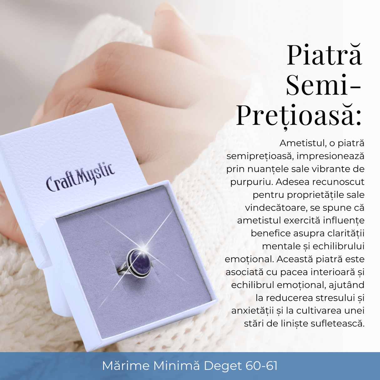 Inel Ajustabil Argintiu cu Ametist Natural forma neregulata, pentru echilibru si claritate