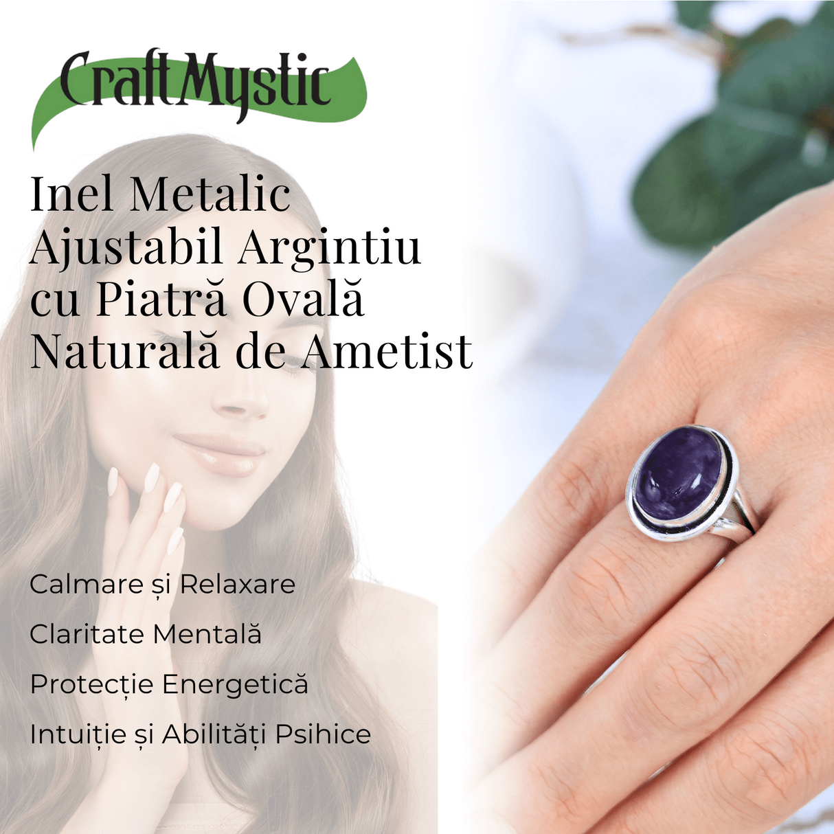 Inel Ajustabil Argintiu cu Ametist Natural forma neregulata, pentru echilibru si claritate