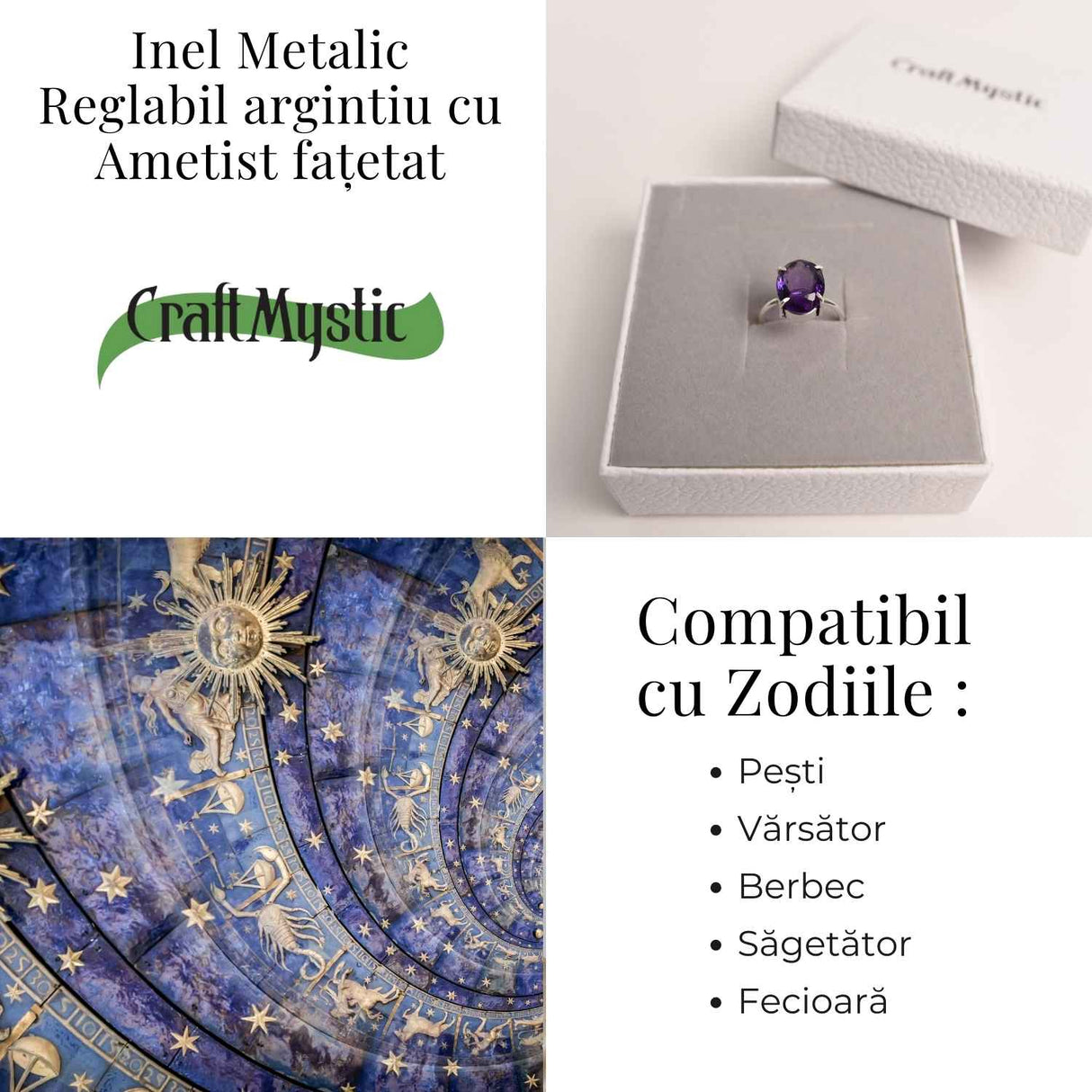 Inel Reglabil Argintiu cu Ametist Fatetat - Energie si Echilibru