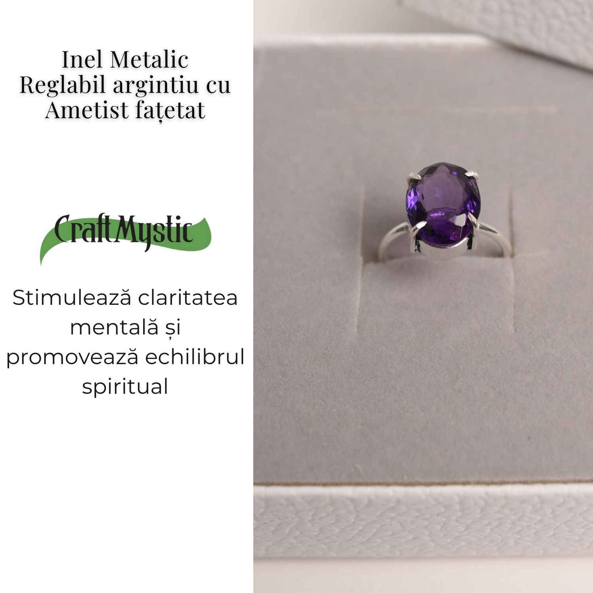 Inel Reglabil Argintiu cu Ametist Fatetat - Energie si Echilibru