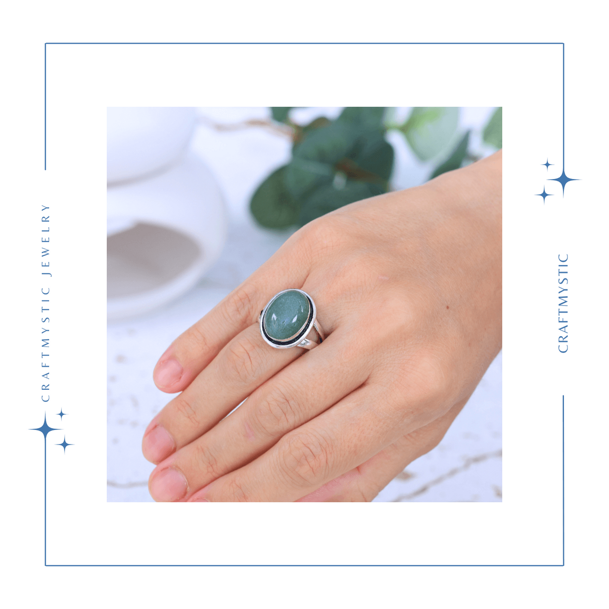 Inel Ajustabil Argintiu cu Aventurin Verde natural oval, pentru noroc si echilibru