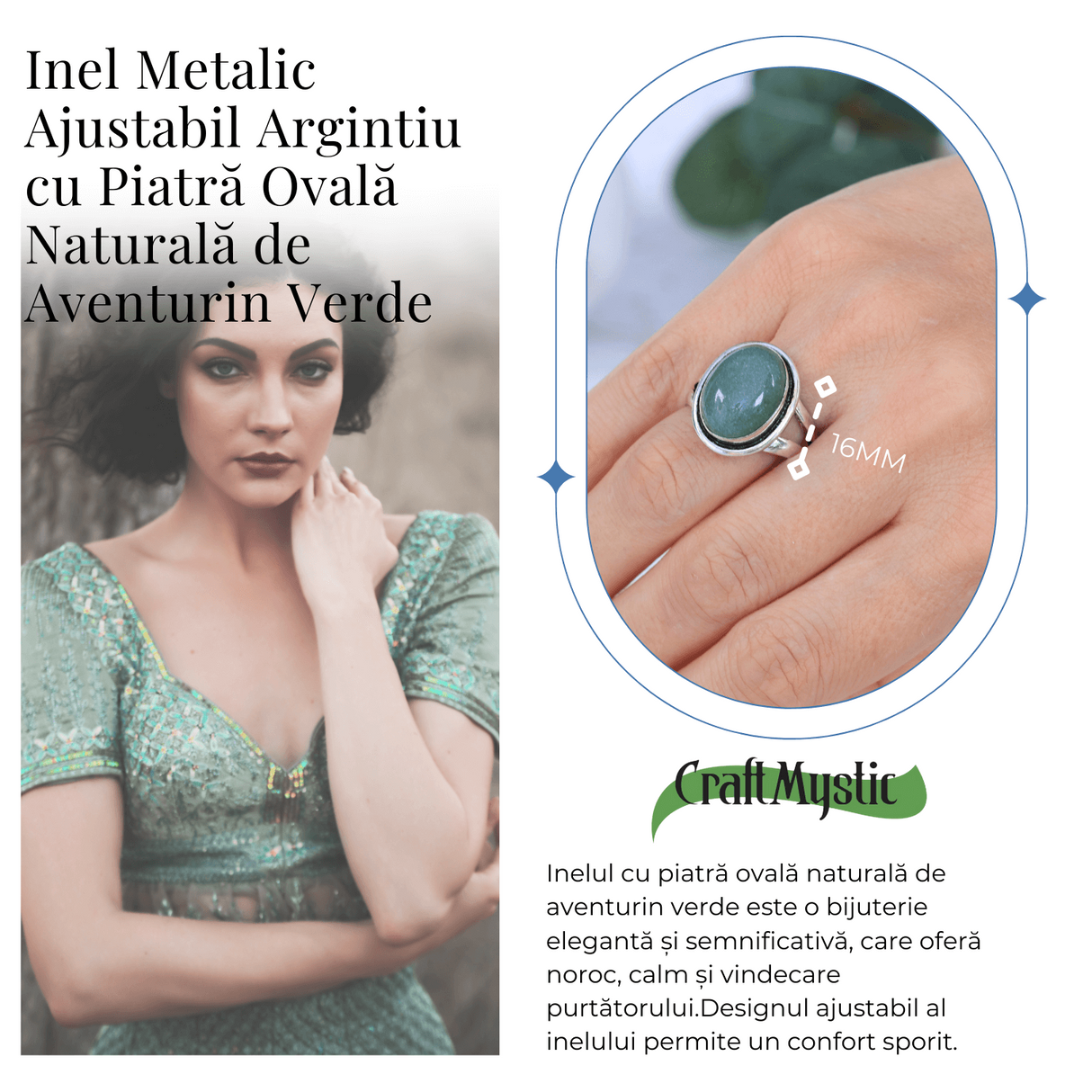 Inel Ajustabil Argintiu cu Aventurin Verde natural oval, pentru noroc si echilibru