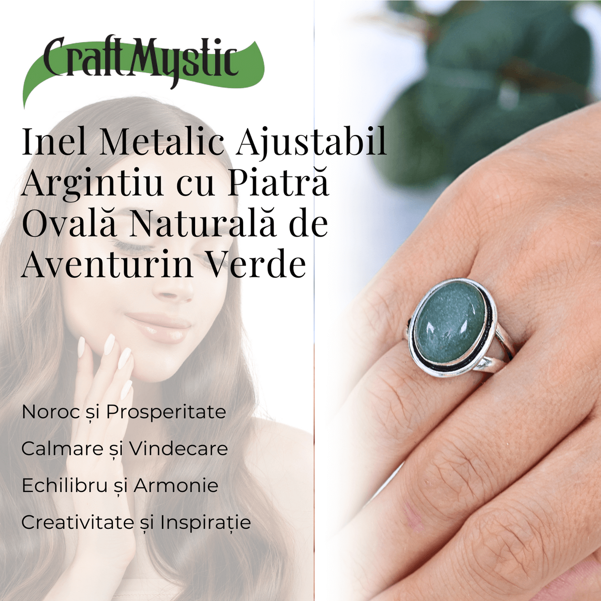 Inel Ajustabil Argintiu cu Aventurin Verde natural oval, pentru noroc si echilibru