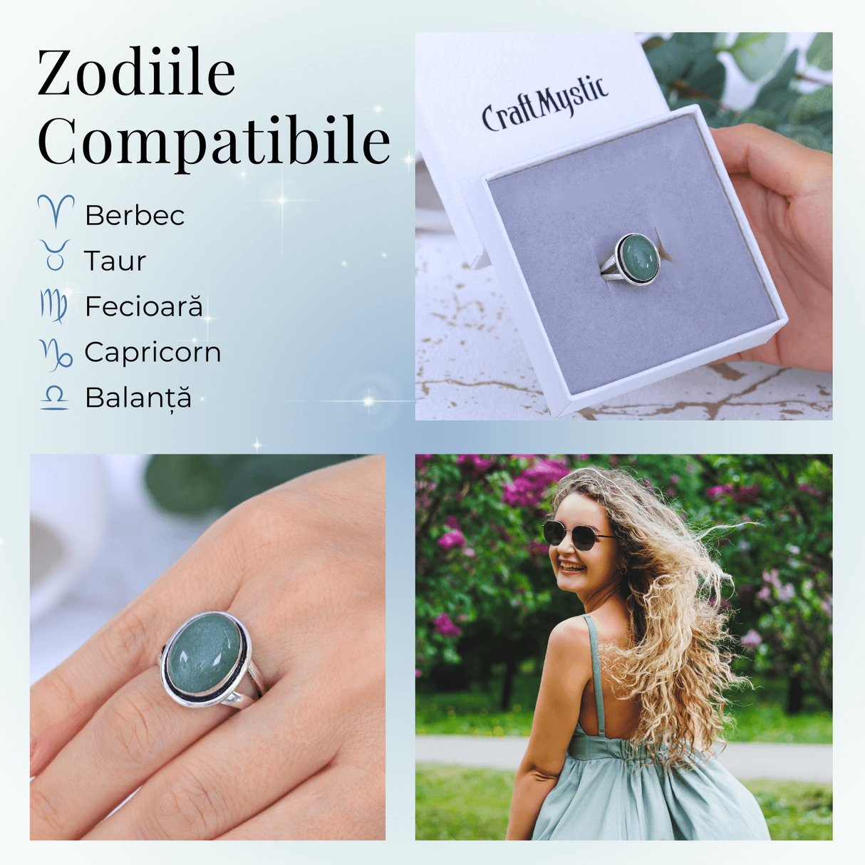 Inel Ajustabil Argintiu cu Aventurin Verde natural oval, pentru noroc si echilibru