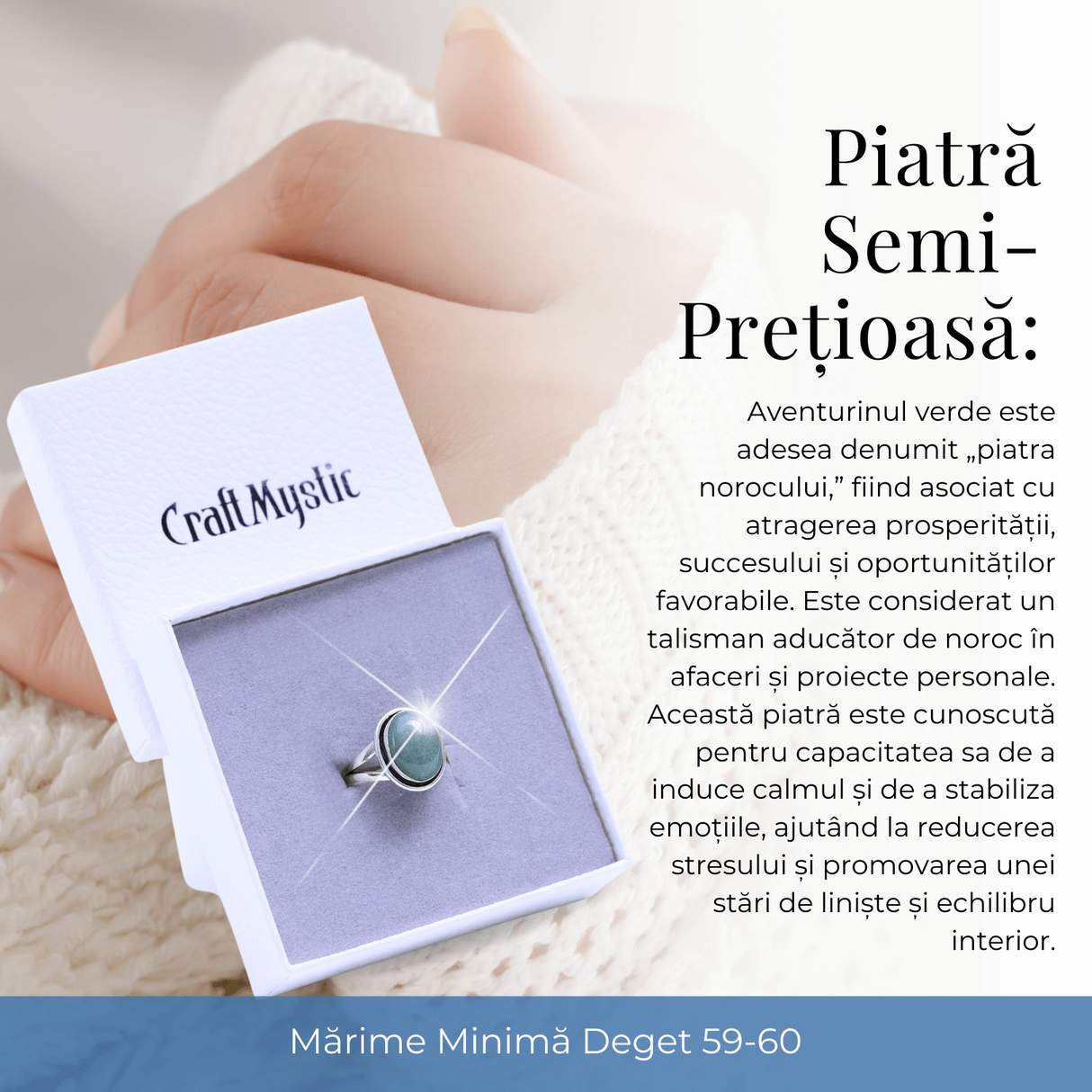 Inel Ajustabil Argintiu cu Aventurin Verde natural oval, pentru noroc si echilibru