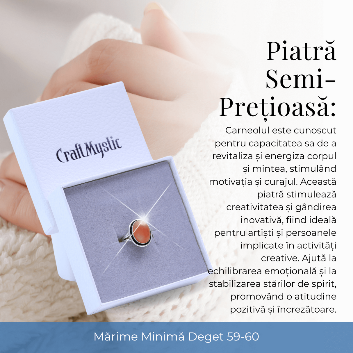 Inel Ajustabil Argintiu cu Carneol Natural, pentru energie si creativitate