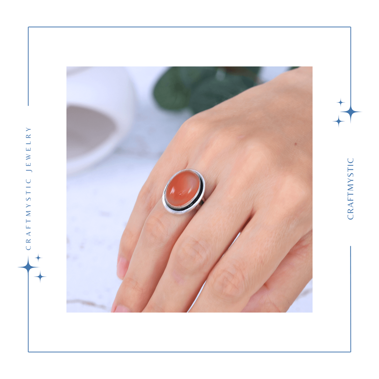 Inel Ajustabil Argintiu cu Carneol Natural, pentru energie si creativitate